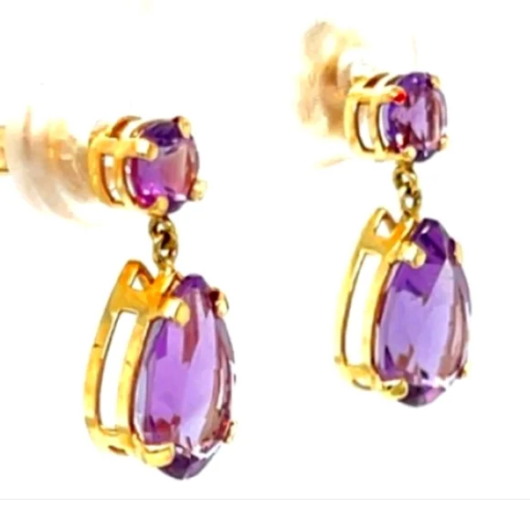 14K Teardrop Amethyst Yellow Gold Earrings - Picture 2 of 3